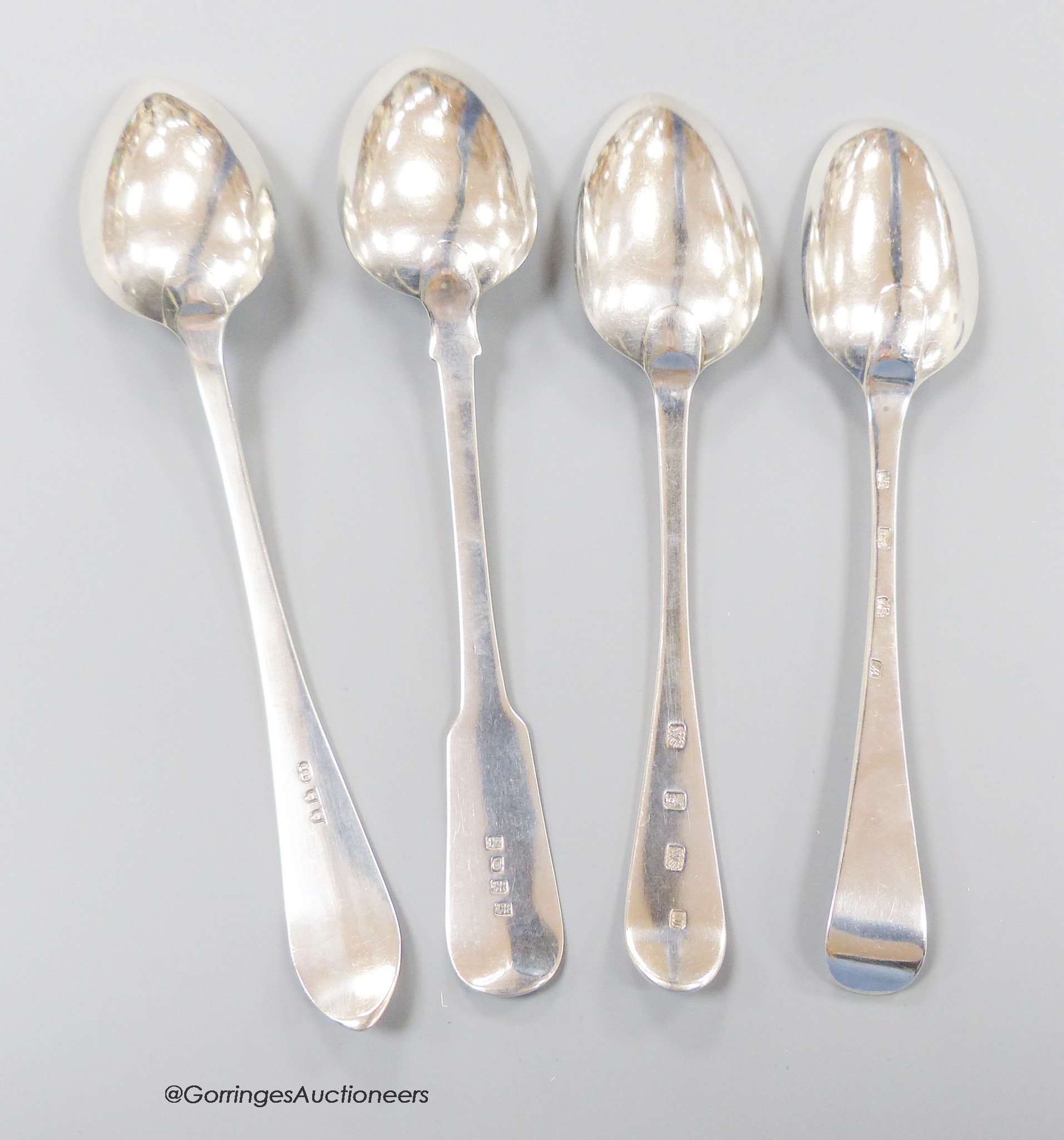 Three 18th century Scottish provincial Dundee table spoons (John Steven, William Scott and James Douglas) and a later fiddle pattern tablespoon, possibly Dundee?, 23cm, 8.5oz.